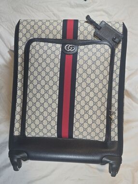 Gucci Beige GG Supreme Cabin Trolley with Navy and Red Stripes